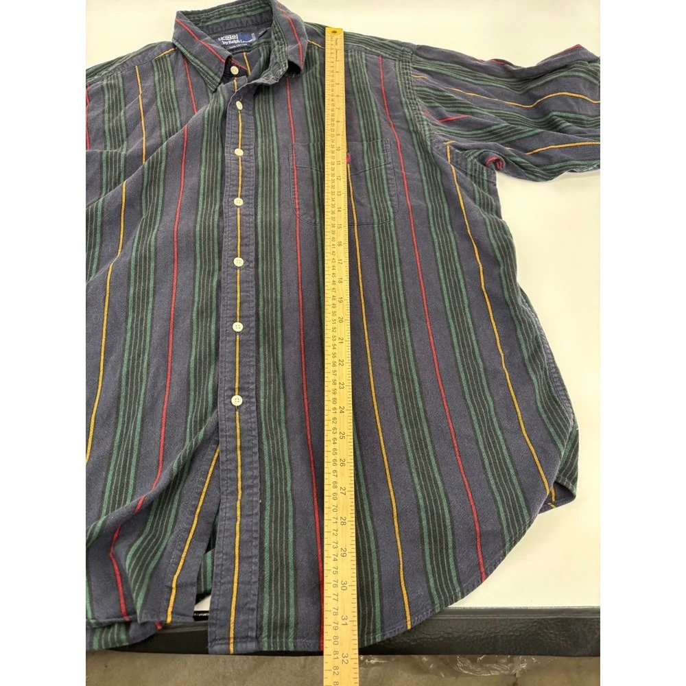Vintage Polo Ralph Lauren Striped Button Down Shirt Mens XL Crest Patch Navy